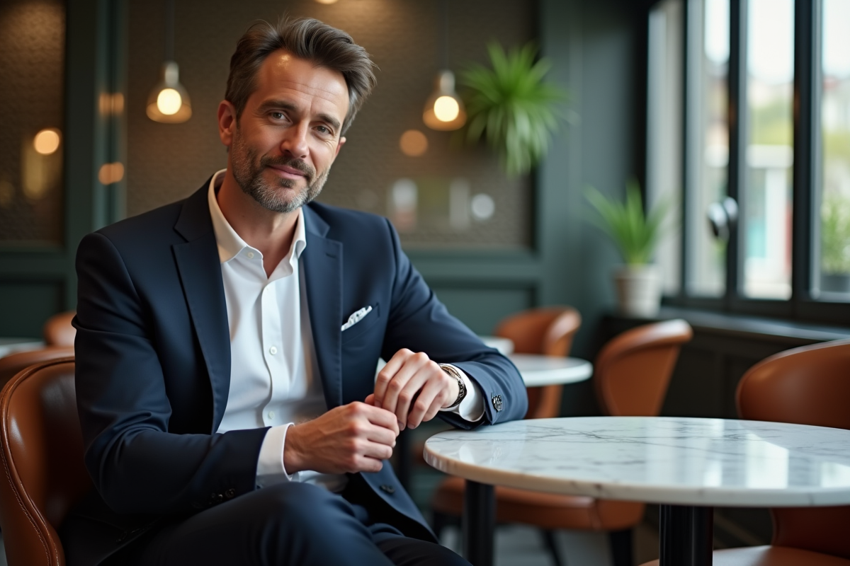 Homme en blazer ajustant ses boutons dans un café chic