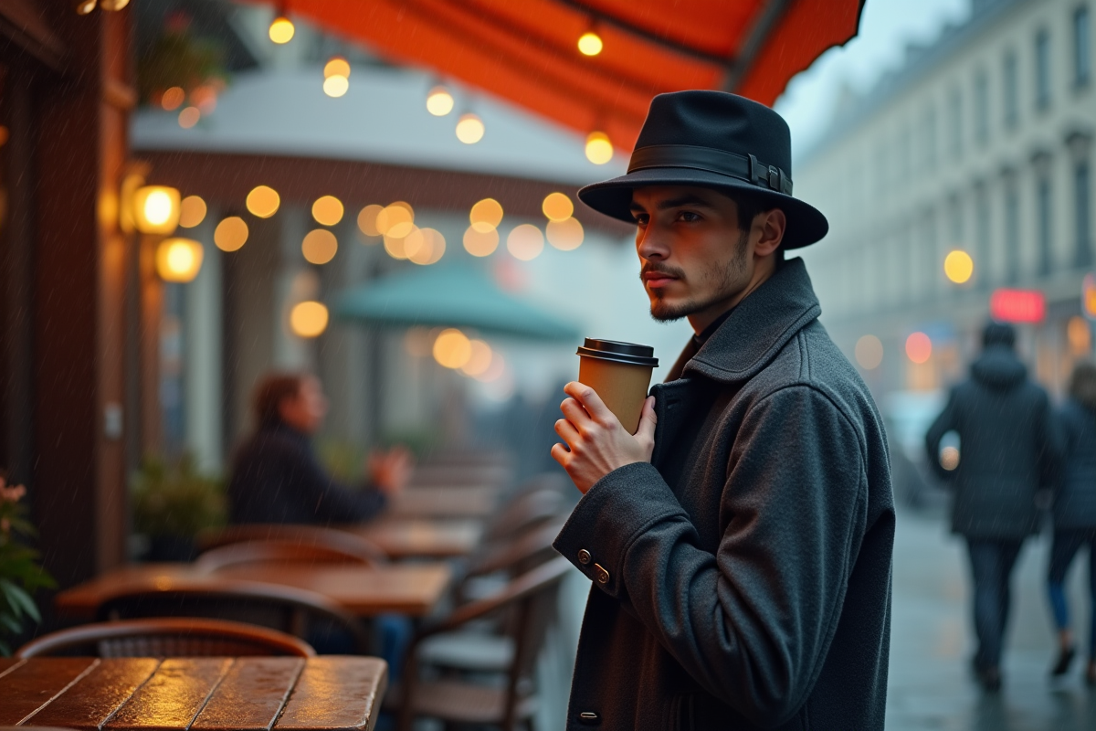 Homme en imper et chapeau buvant un café sous la pluie