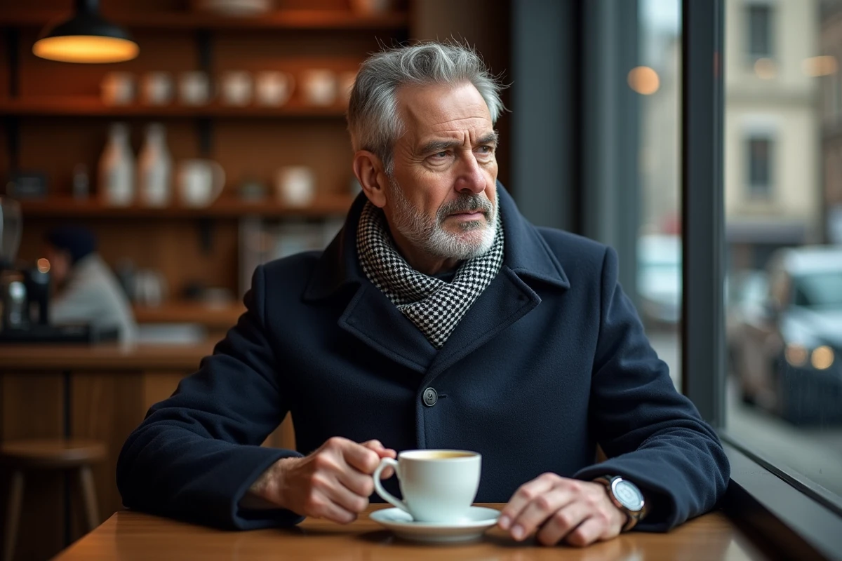 Homme pensif dans un café cosy avec tasse de café