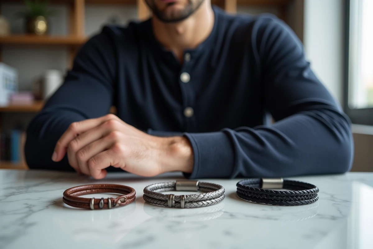 Homme comparant plusieurs bracelets en cuir personnalisables posés sur une surface en marbre blanc dans un appartement moderne
