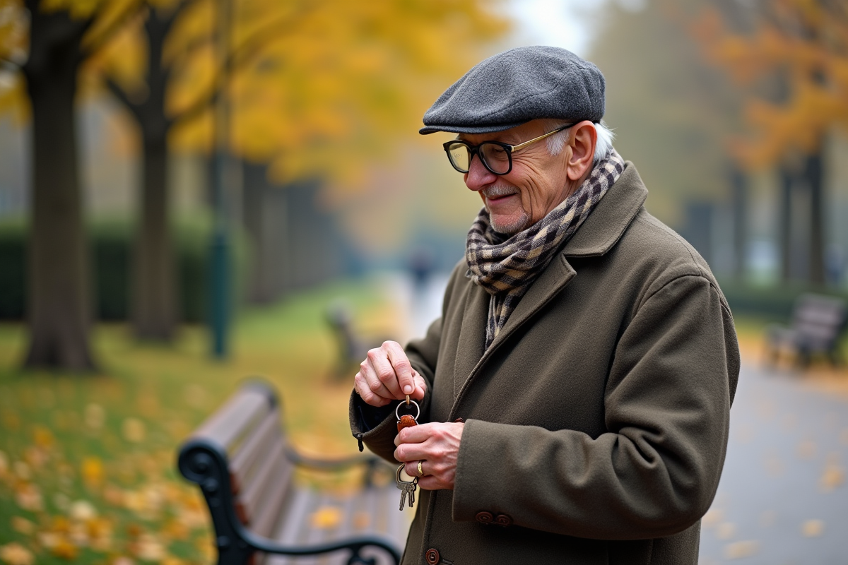 Homme âgé avec bonnet et écharpe choisissant ses clés dans un parc en automne