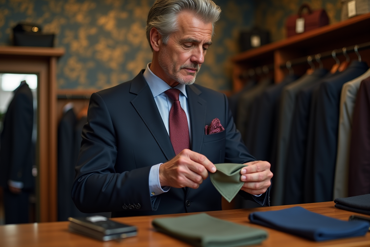 Homme en costume sélectionnant une pochette dans une boutique de tailleur