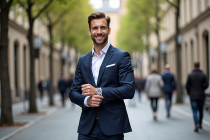 Homme en costume navy ajustant ses manchettes en ville
