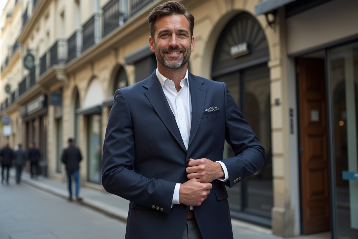Homme en costume navy dans une rue parisienne chic