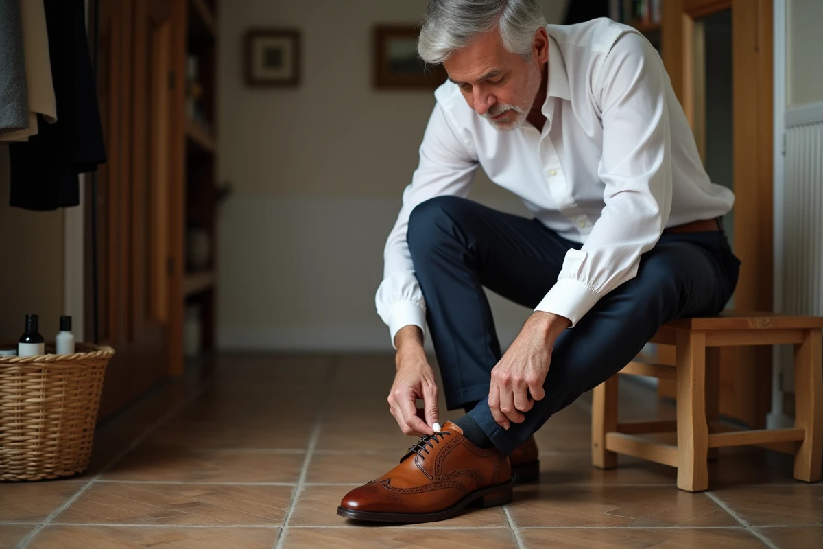 Homme appliquant de la crème de soin sur une chaussure en cuir marron dans une entrée de maison