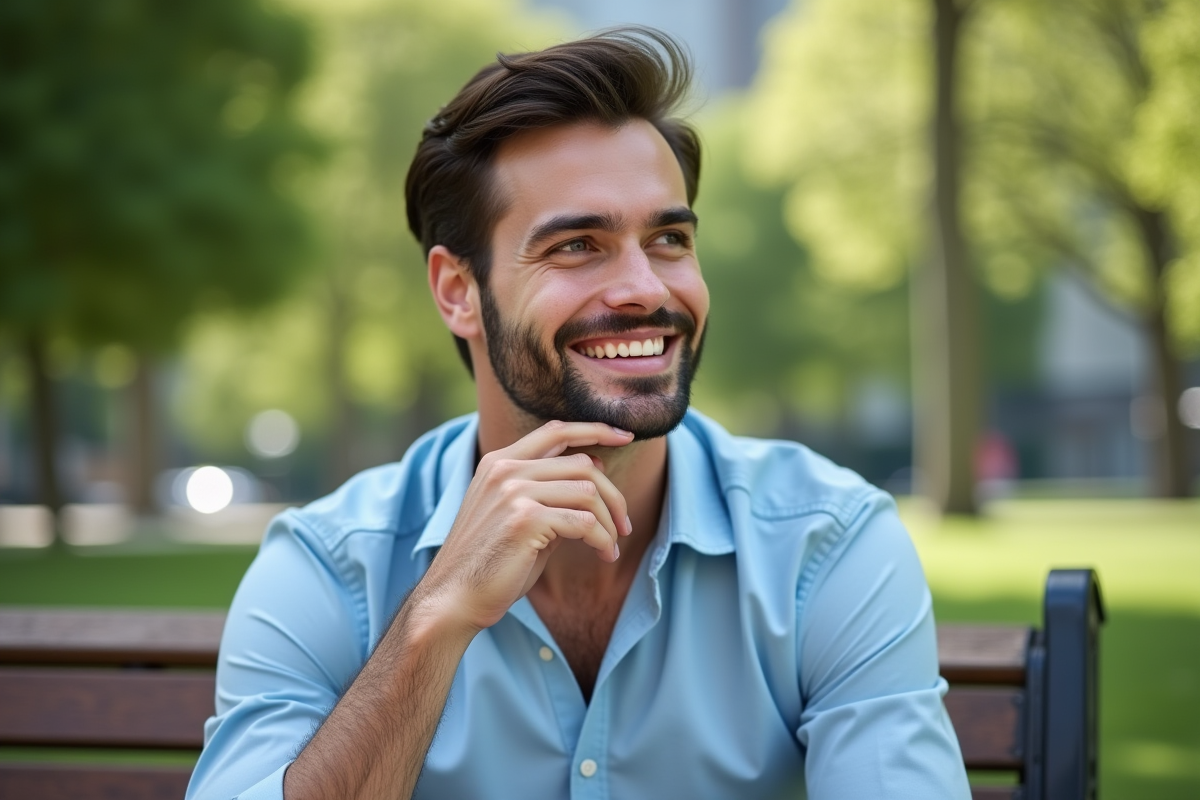 Jeune homme souriant dans un parc urbain en plein air