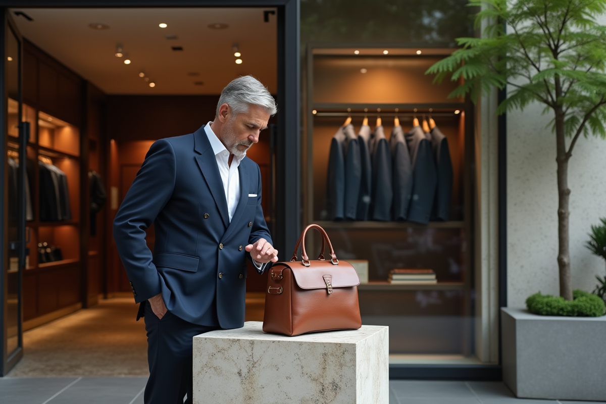 Homme daffaires examine un sac en cuir dans un magasin haut de gamme