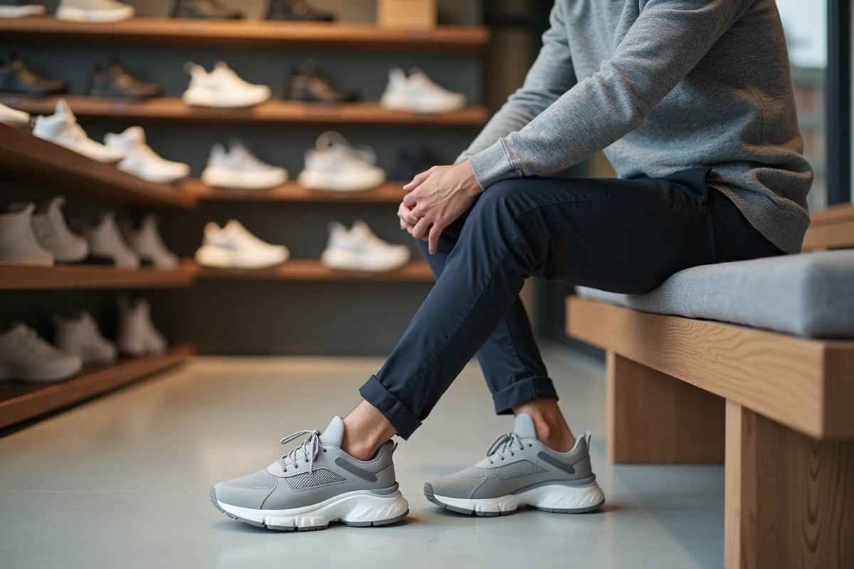 Homme assis en magasin essayant une basket et testant l'amorti et le confort de la semelle