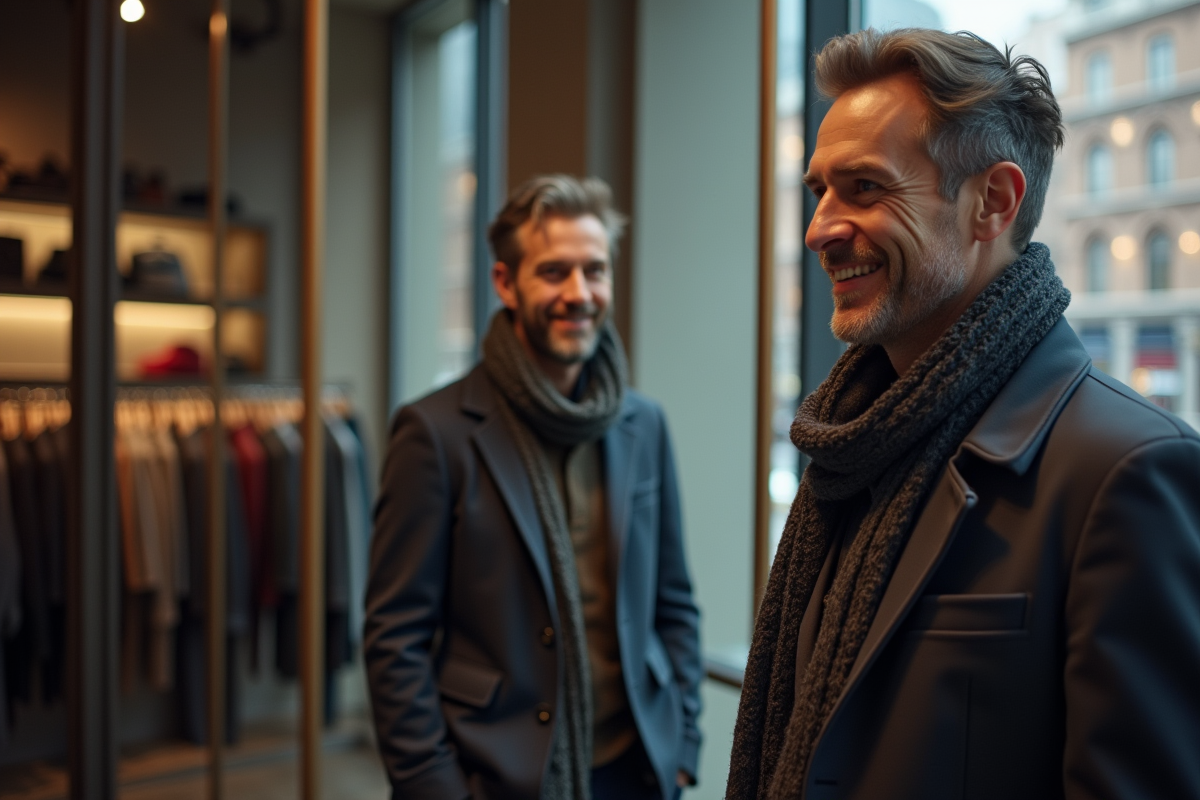 Homme essayant vêtements dans une boutique urbaine