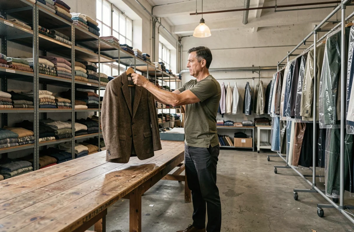 Homme évaluant un blazer en laine vintage dans un entrepôt de tri de vêtements de seconde main