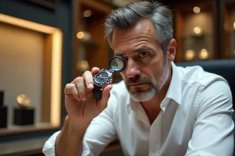Homme examinant une montre de luxe Rolex avec une loupe chez un revendeur horloger