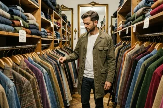 Homme parcourant les rayons d'une friperie parisienne vintage avec des vêtements de style rétro pour hommes