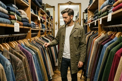 Homme parcourant les rayons d'une friperie parisienne vintage avec des vêtements de style rétro pour hommes