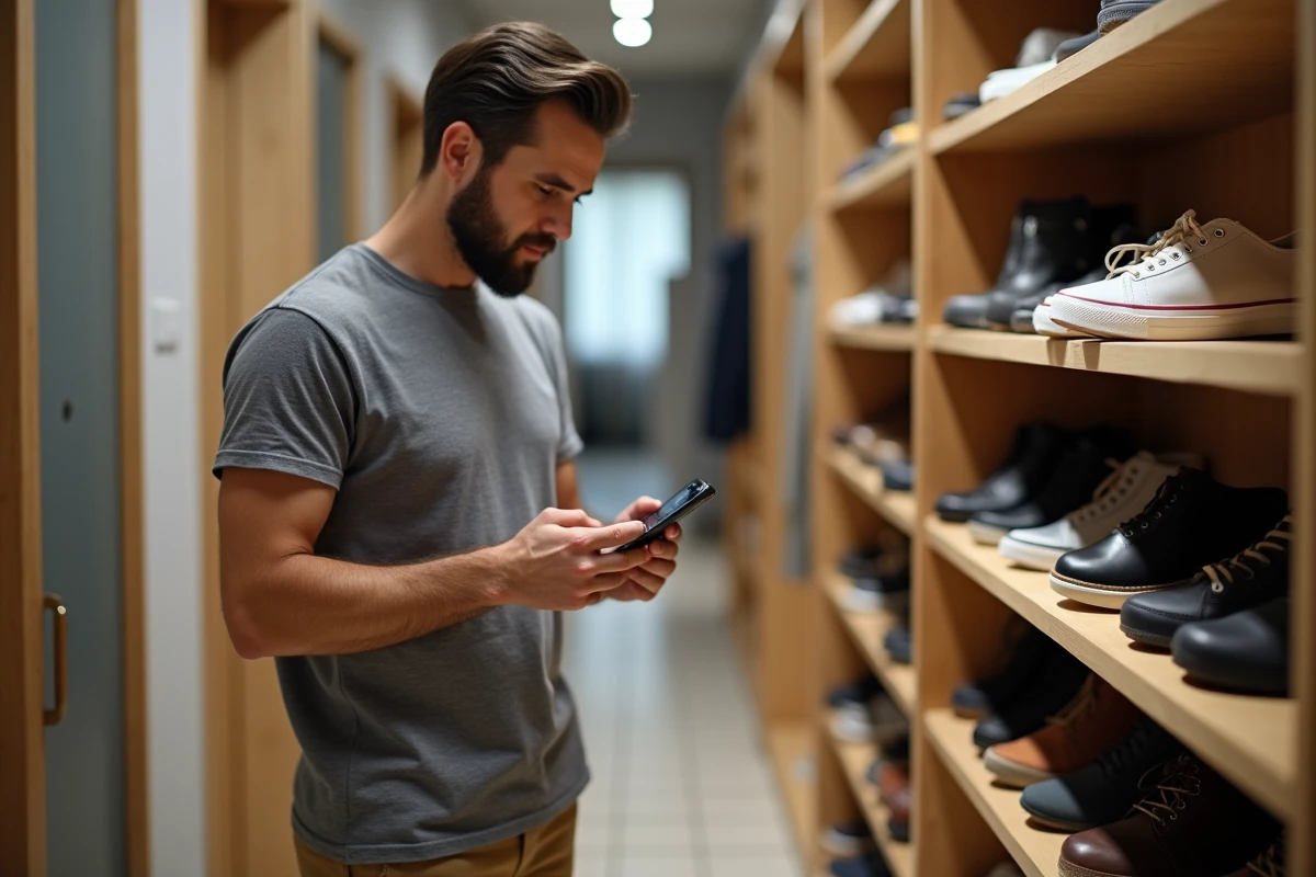 Homme comparant des pointures de chaussures sur smartphone devant un meuble à chaussures ouvert