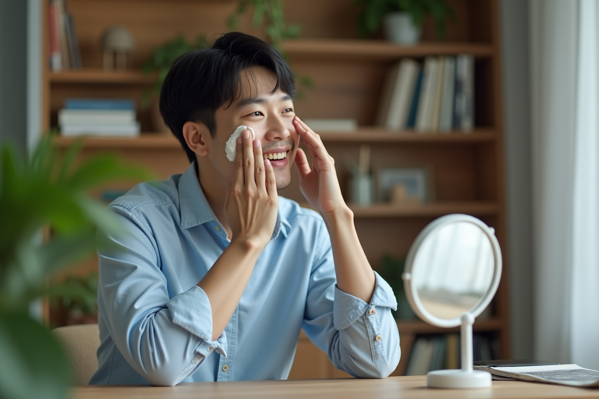 Homme coréen appliquant creme visage dans son salon