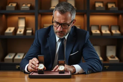 Homme &eacute;l&eacute;gant examinant deux montres de luxe dans une boutique