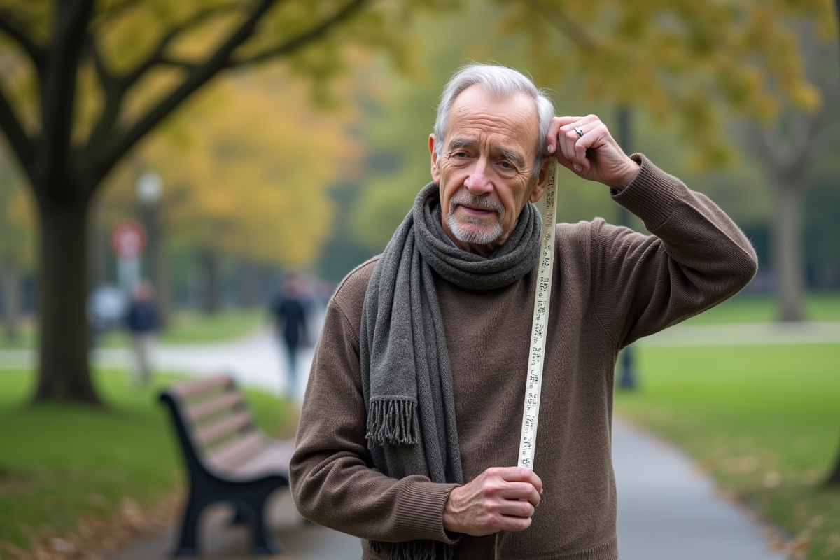 Homme âgé mesurant sa tête avec un ruban dehors