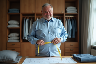 Homme mesurant son torse avec un mètre ruban dans une chambre chaleureuse