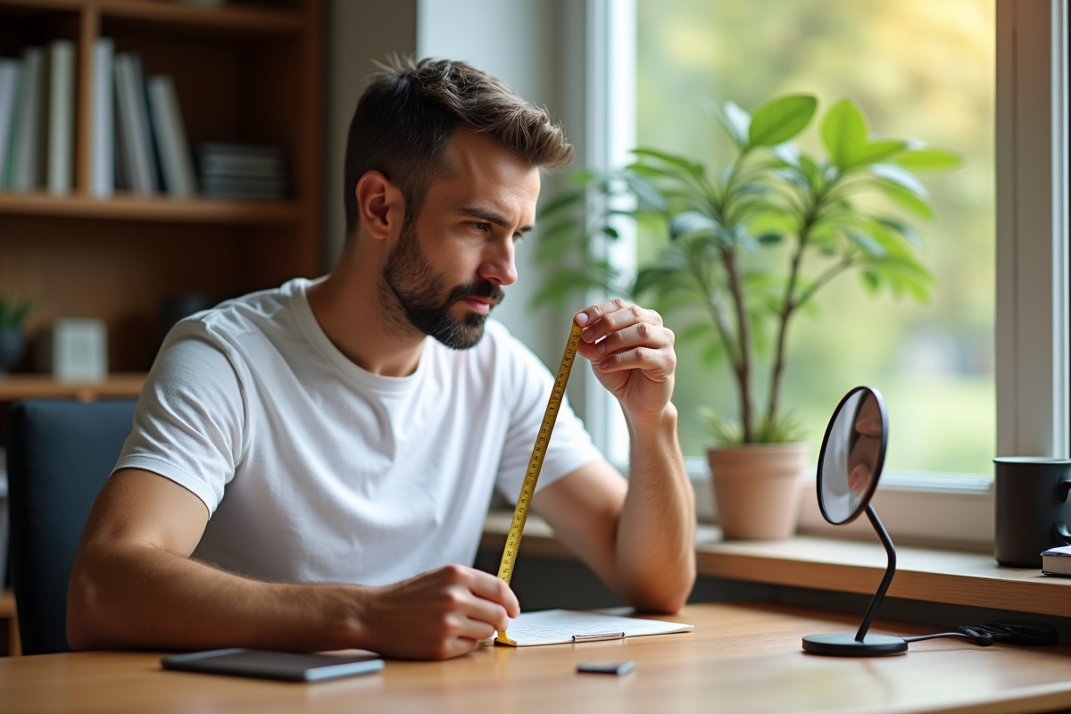 Homme mesurant la longueur de son visage au bureau