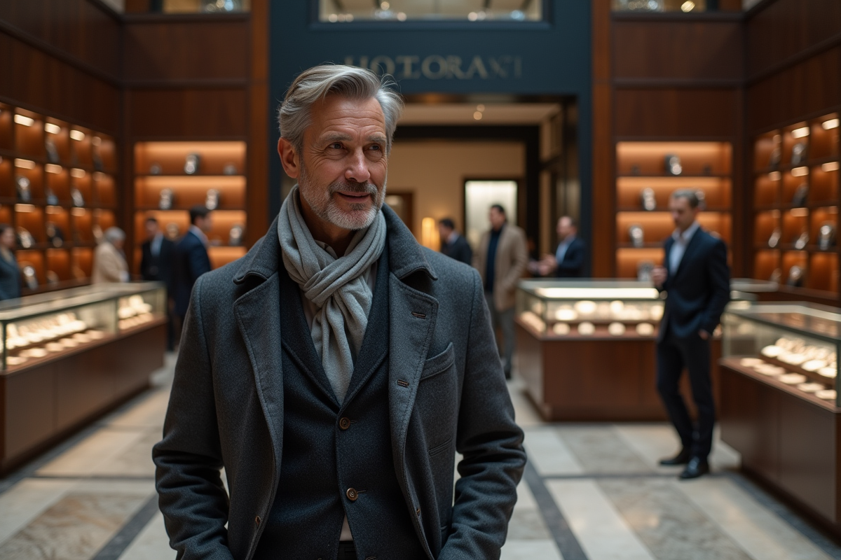 Homme en manteau regardant des montres haut de gamme