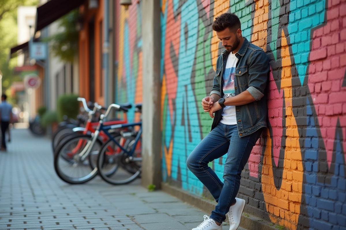 Homme moderne devant un mur street art rétro en ville