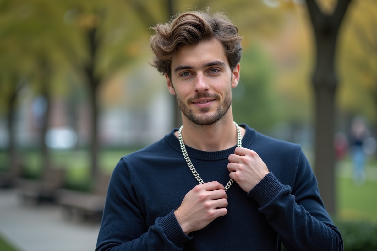Jeune homme portant un collier dans un parc urbain