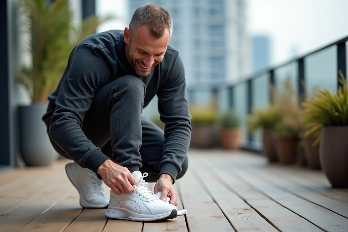 Homme appliquant du produit sur des sneakers sur un balcon urbain