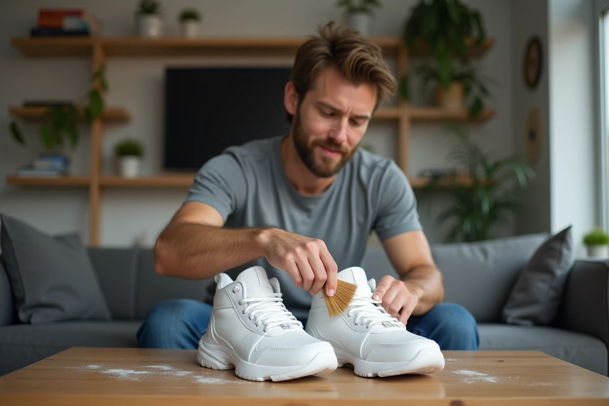 Homme nettoyant des sneakers blanches dans un salon moderne