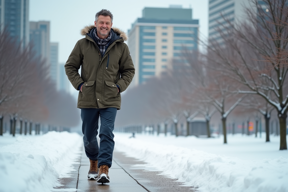 Homme en pantalon thermique dans un parc enneige