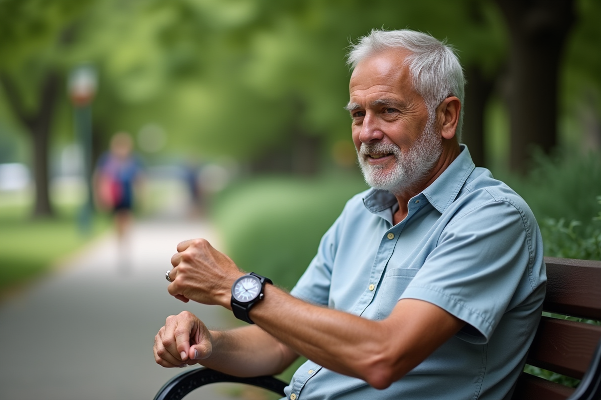 Homme âgé regardant sa montre sur un banc dans un parc
