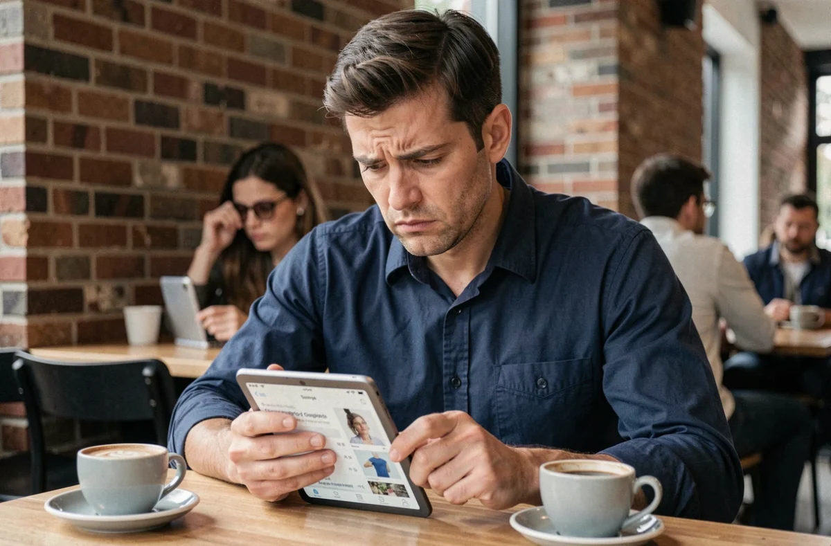 Homme consultant une application d'achat en ligne sur tablette dans un café, expression perplexe face à un problème de commande