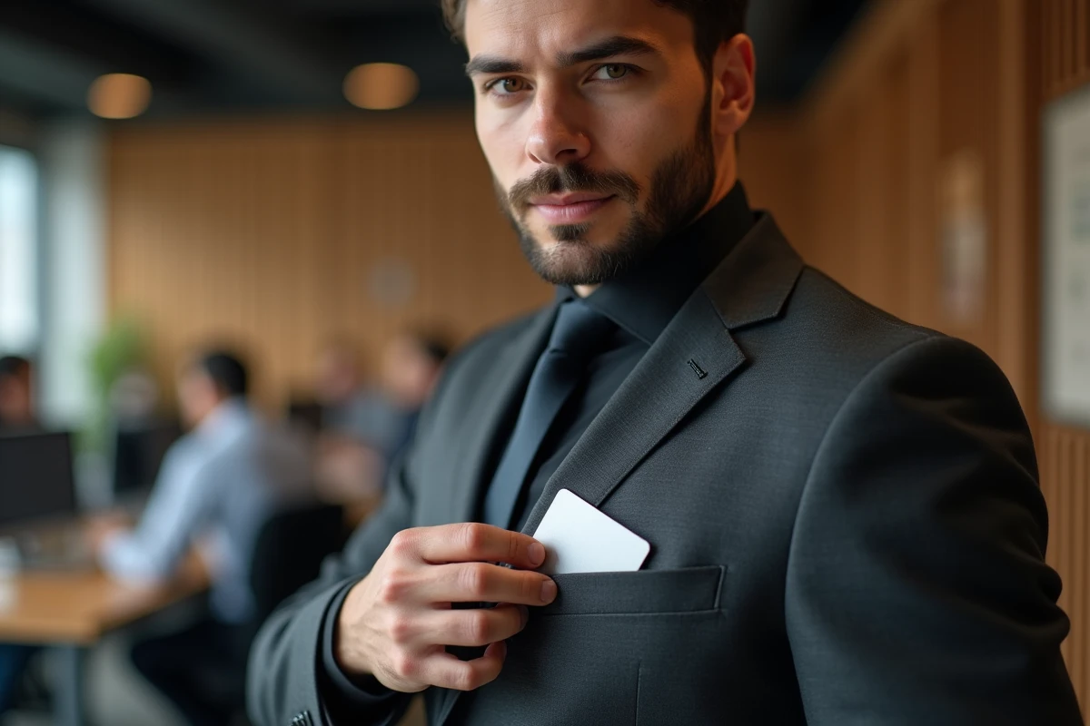 Homme professionnel sortant un porte-carte bancaire en aluminium de la poche de sa veste dans un espace de coworking moderne