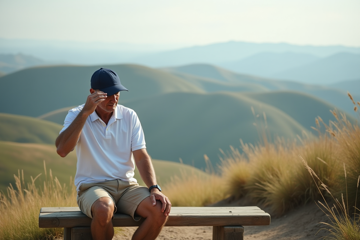 Homme en short et casquette reposant sur un banc en nature
