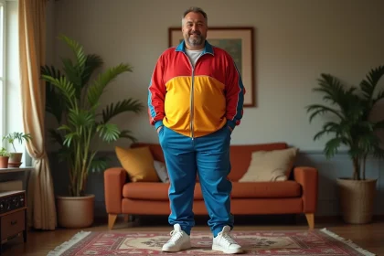 Homme en tracksuit coloré des années 80 dans un salon vintage