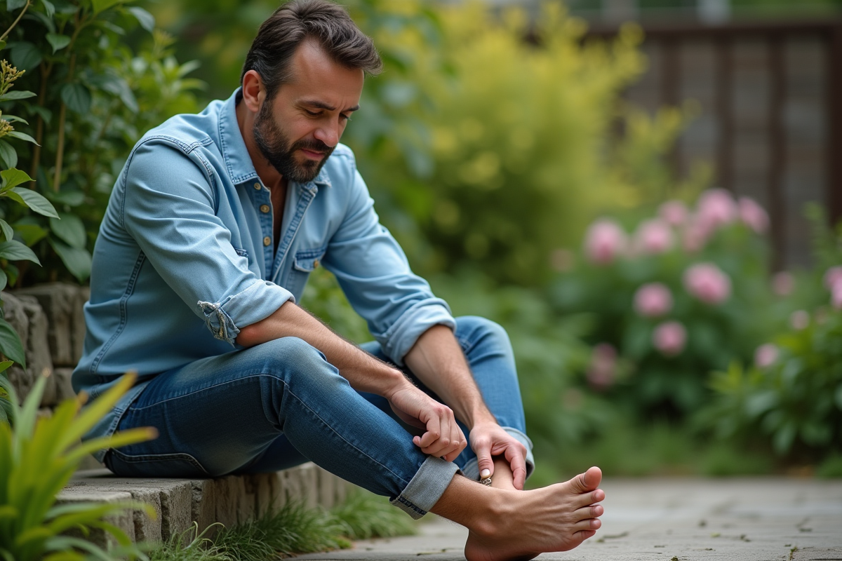 Homme prenant soin de ses ongles de pieds dans un jardin