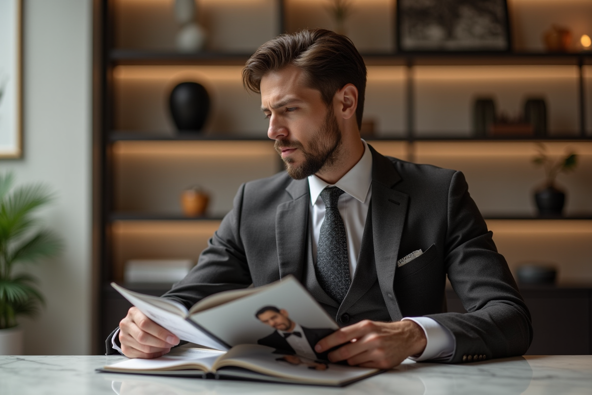 Homme sophistiqué analysant un catalogue dans une boutique