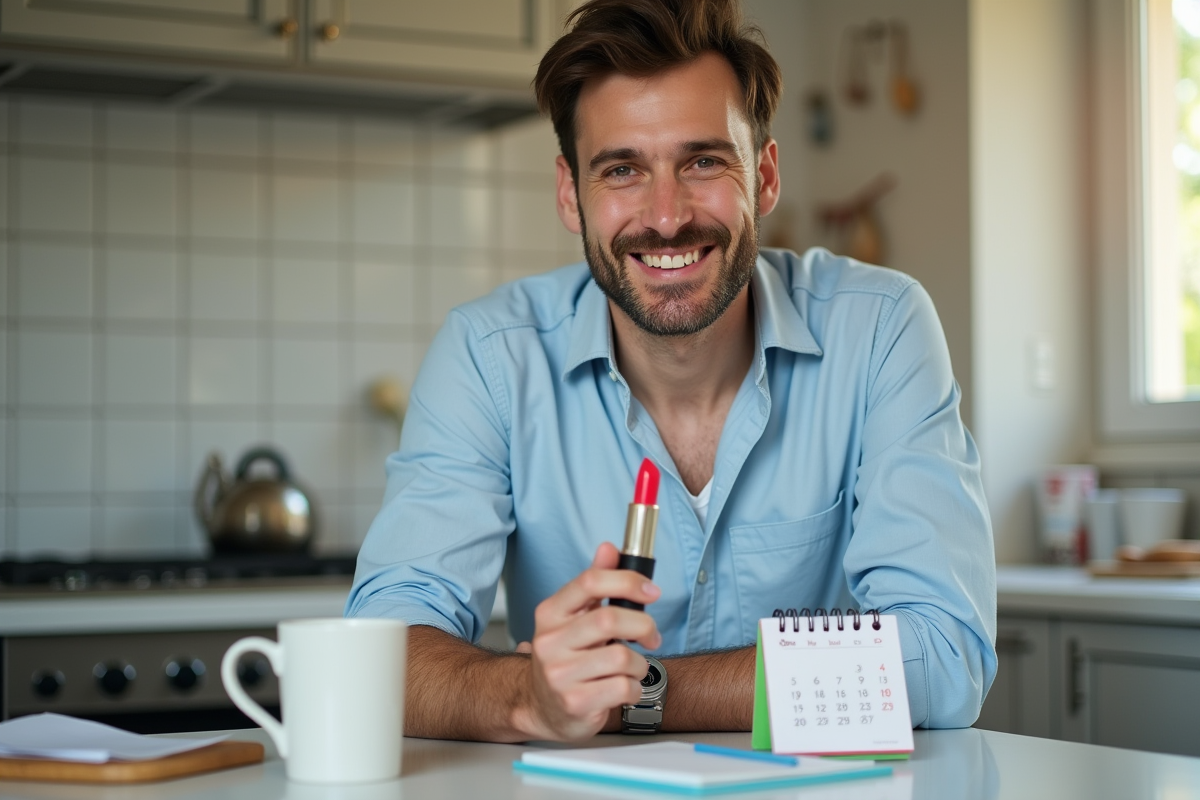 Homme souriant tenant un rouge à lèvres dans la cuisine