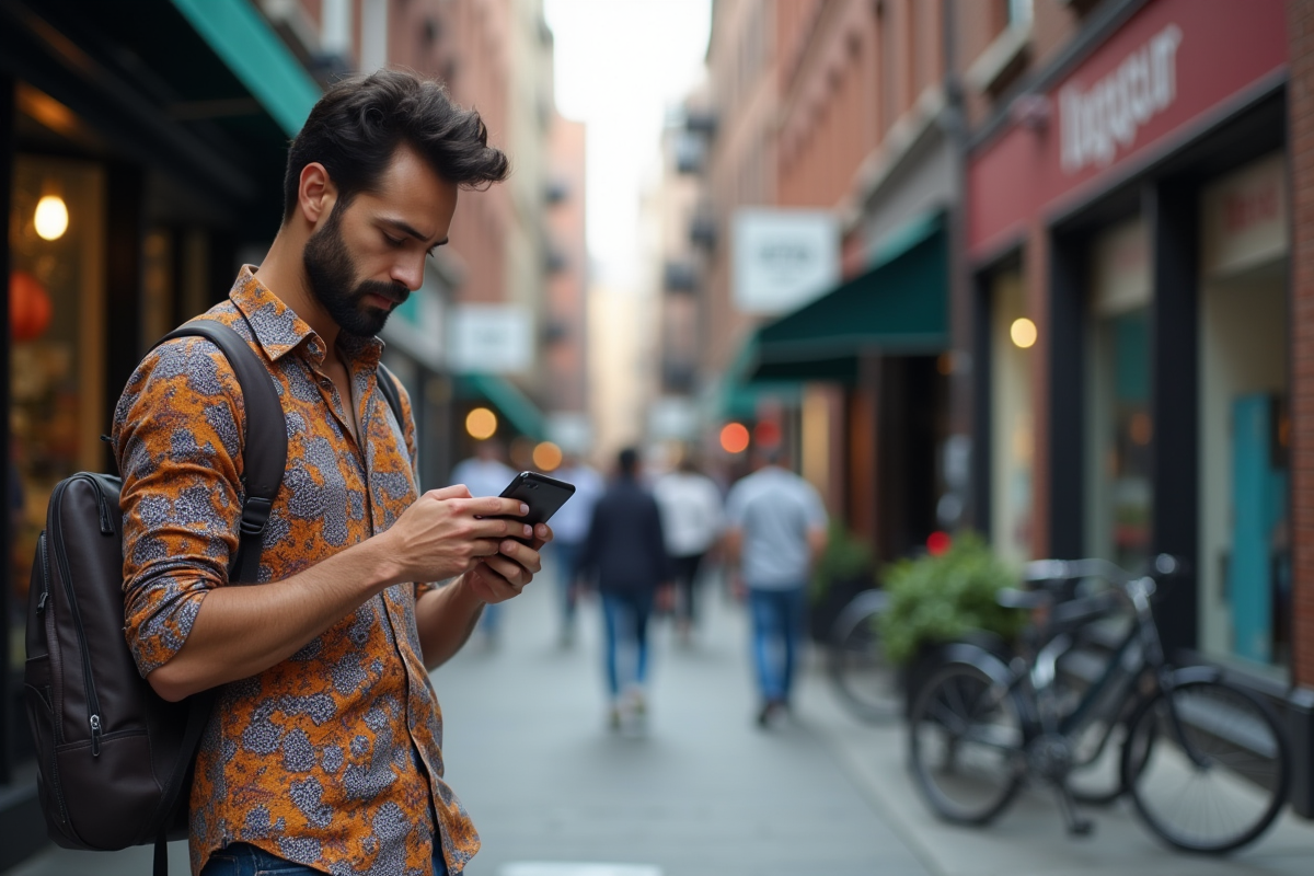 Homme en ville examinant son smartphone dans une rue animée