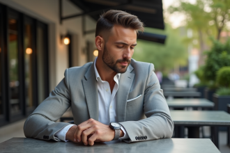 Homme élégant en costume ajusté et montre moderne