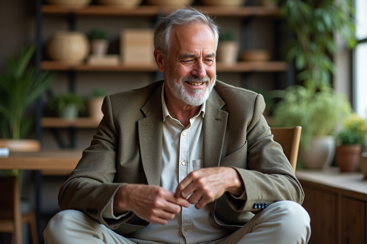 Homme inspectant un vêtement dans un atelier naturel