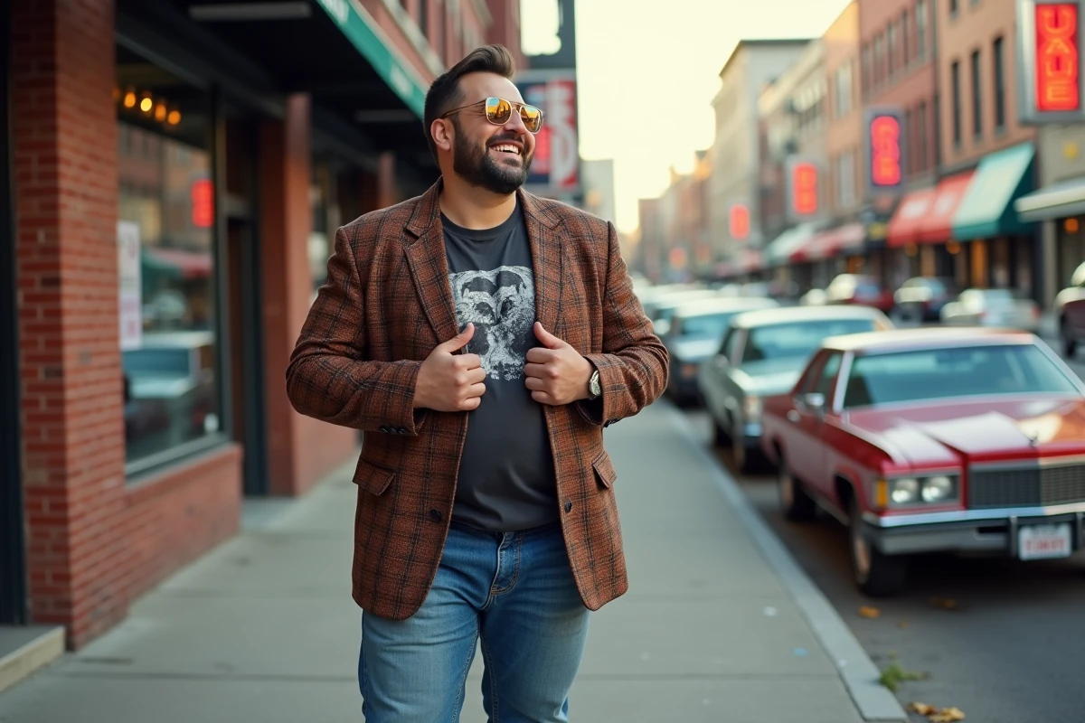 Homme souriant en blazer 80s dans une rue urbaine animée