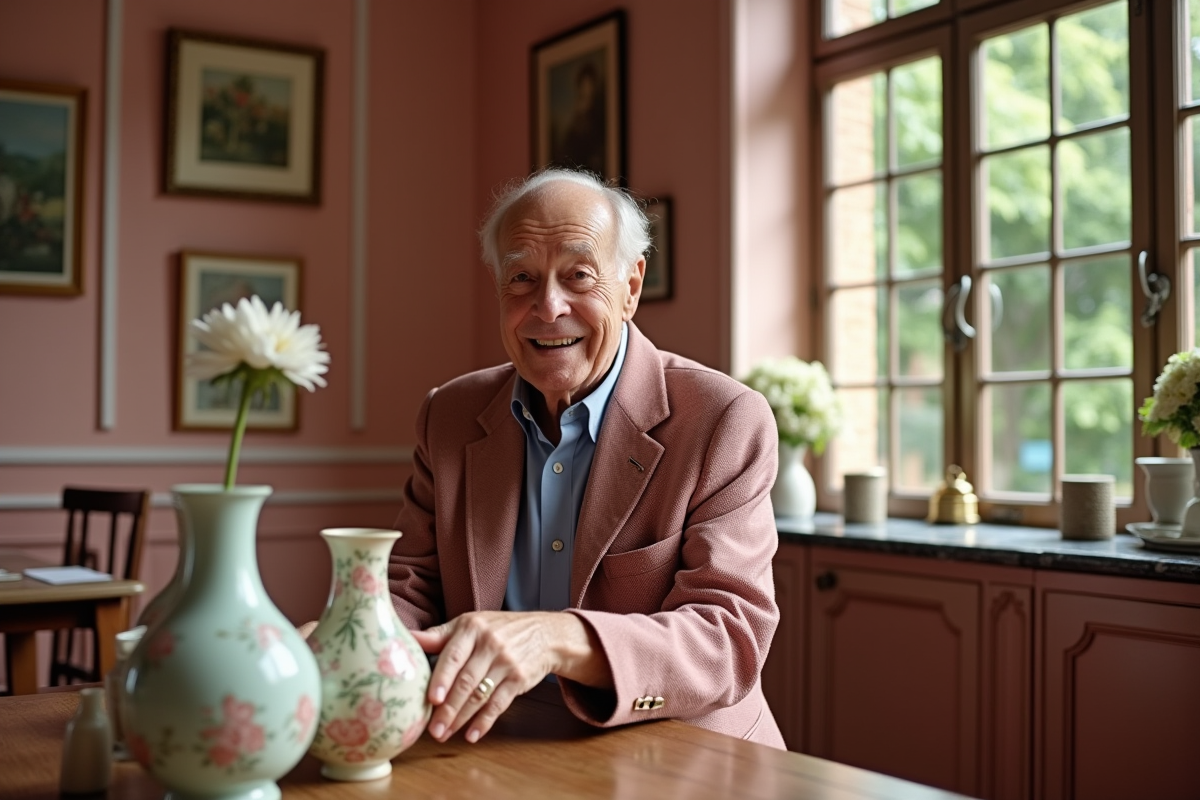 Homme âgé arrangeant des vases en rose ancien