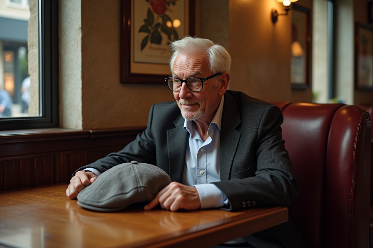 Homme âgé en blazer dans une brasserie française