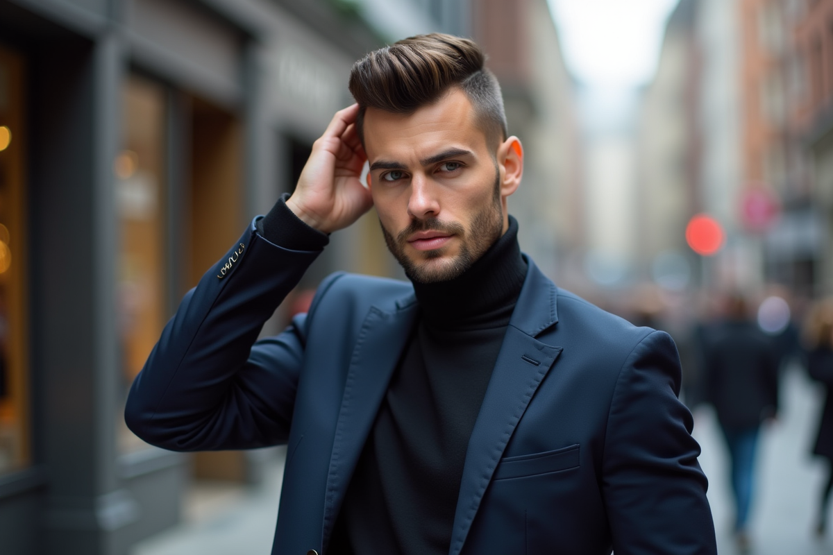 Homme confiant avec coupe textured dans une rue urbaine dynamique
