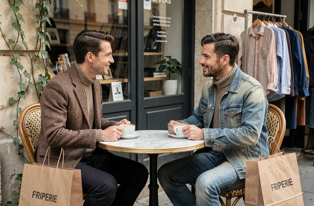 Deux hommes en tenue vintage devant une friperie parisienne attablés à un café après leurs achats de seconde main