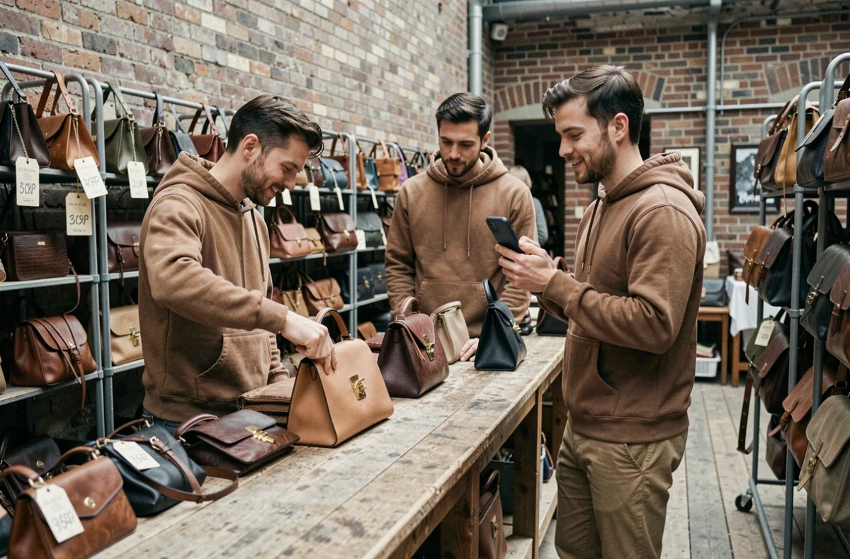 Deux hommes inspectant la quincaillerie d'un sac de luxe de seconde main sur un comptoir de marché aux puces