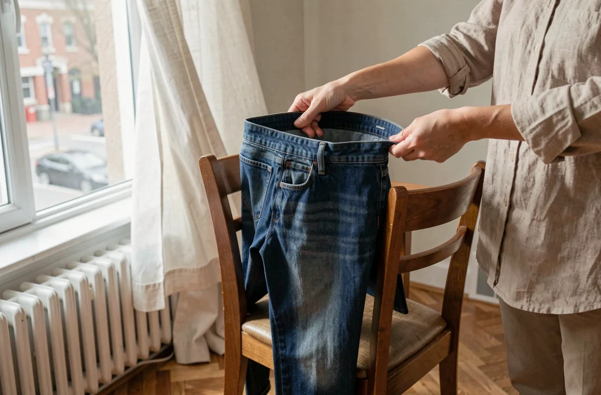 Jean humide étiré à la main et mis à sécher sur une chaise en bois pour conserver une forme rétrécie