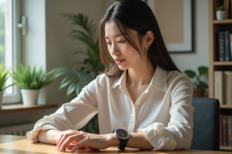 Jeune femme vérifiant l'heure dans un bureau lumineux