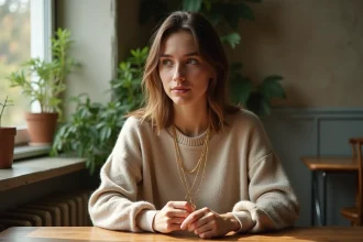Jeune femme avec collier en or dénoué dans un intérieur chaleureux
