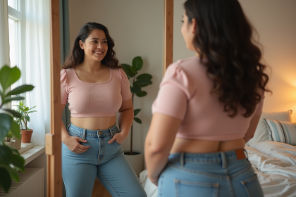 Jeune femme plussize souriante dans sa chambre lumineuse